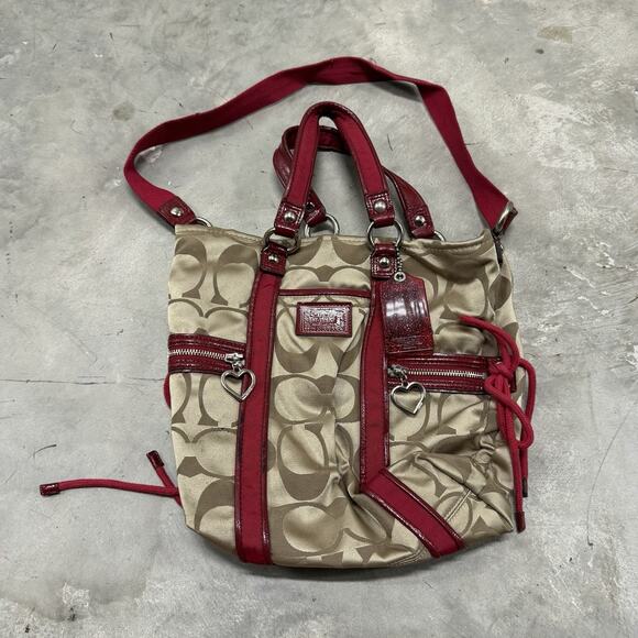 Coach Poppy Signature C Satchel Tote Bag Khaki With Red Accent F20101 - Picture 1 of 7